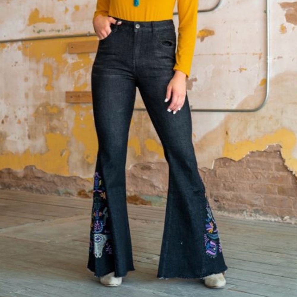 Black Embroidered Flare Jeans